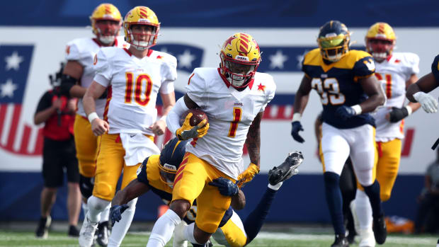 Apr 15, 2023; Memphis, TN, USA; Philadelphia Stars wide receiver Corey Coleman (1) runs after a catch against Memphis Showboats defensive back Stephen Griffin (40) during the first half at Simmons Bank Liberty Stadium. Mandatory Credit: Petre Thomas-USA TODAY Sports  